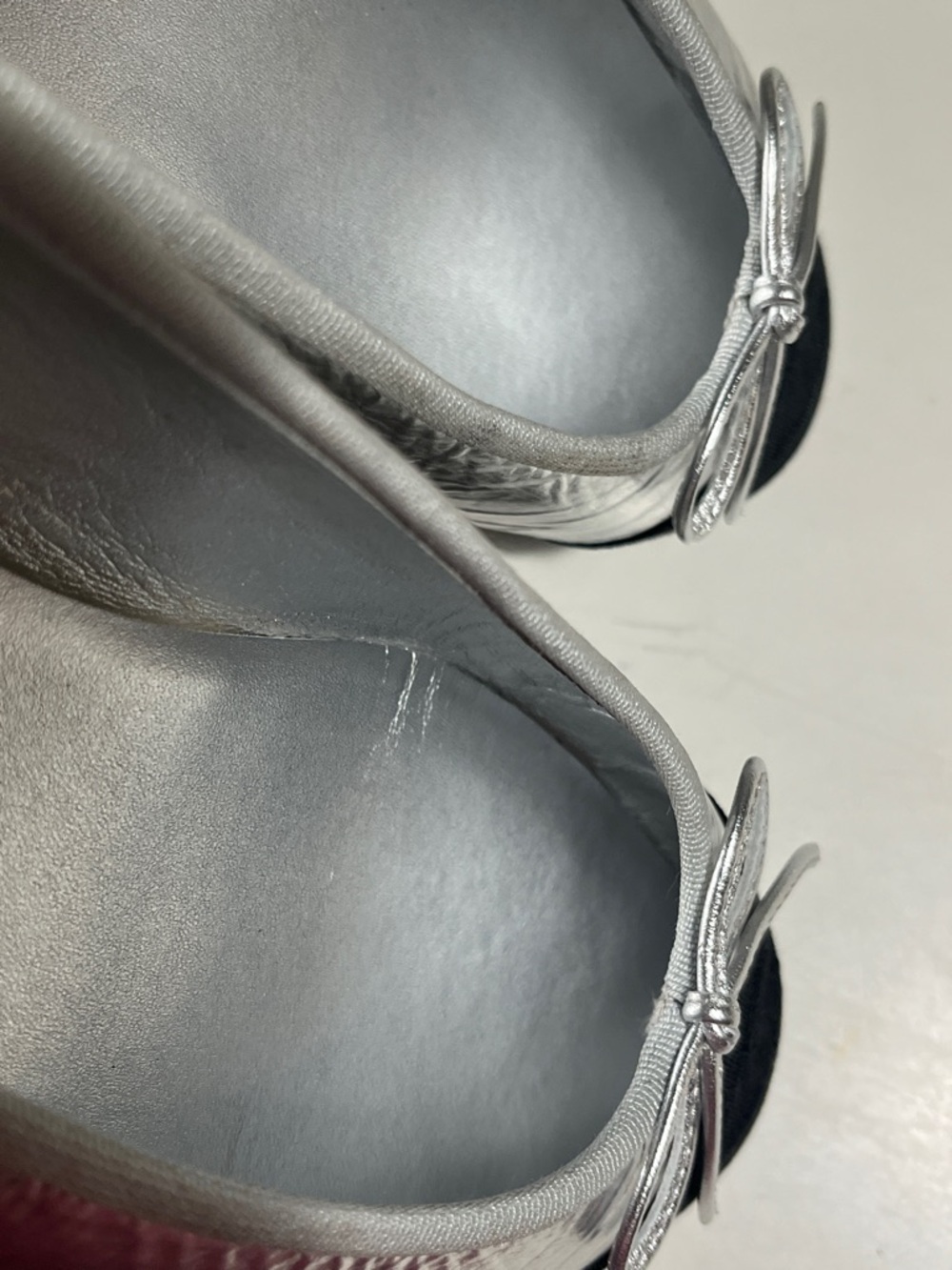 CHANEL Silver Metallic Leather Ballet Flats with Black Cap Toe - Picture 9 of 10